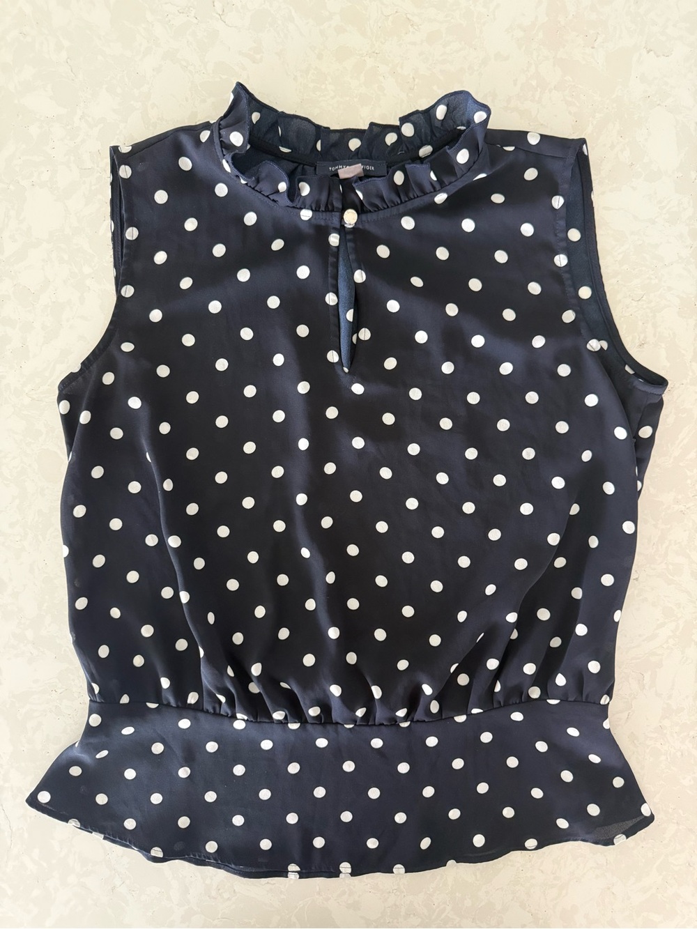 Navy Polka Dot Ruffle Neck Sleeveless Blouse Size Small